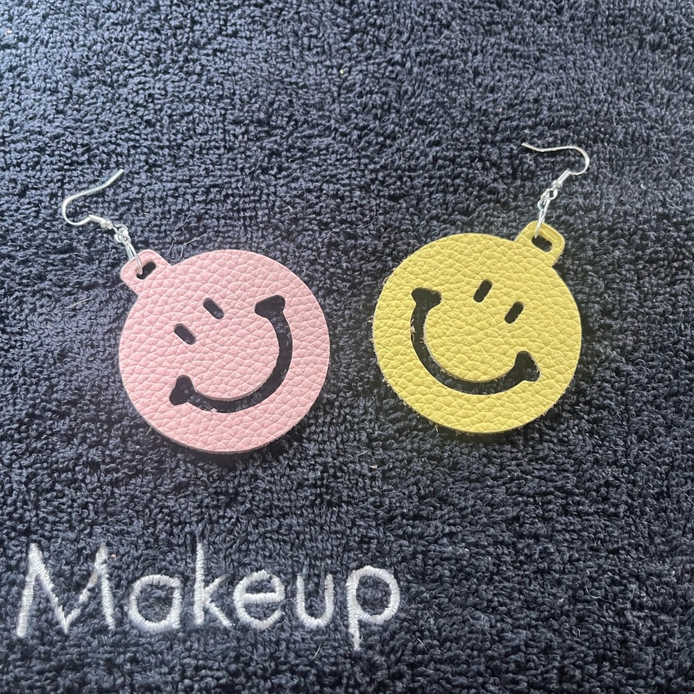 Mismatched Smiley Face Faux Leather Drop Earrings Pink Yellow Happy Face Dangle